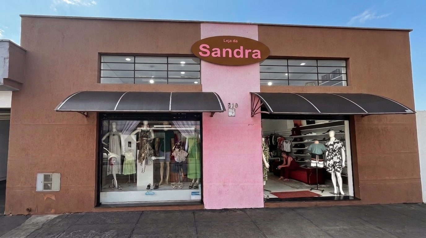 Fachada da Loja da Sandra: prédio terracota com a placa oval da loja e duas vitrines com manequins